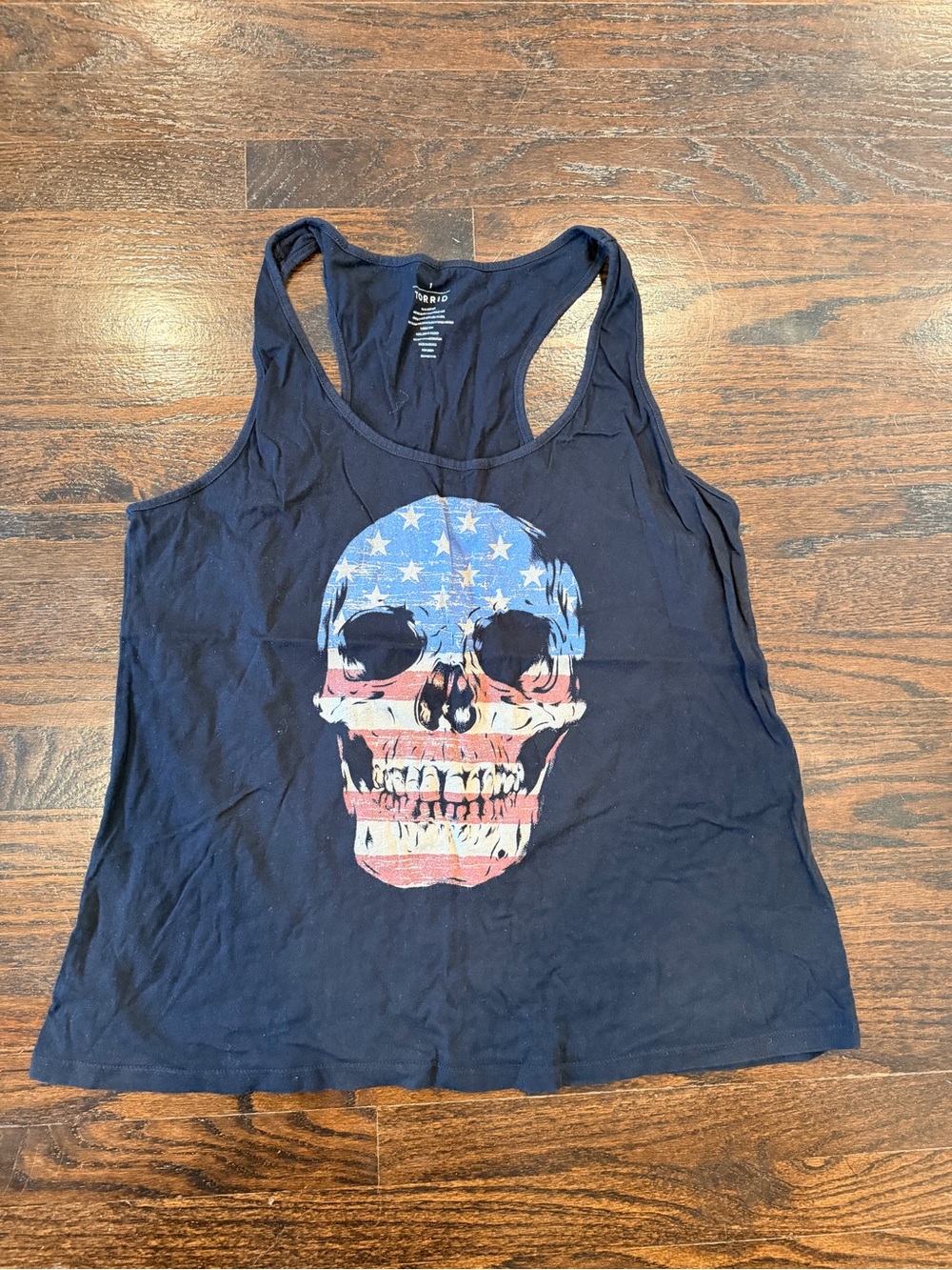 Women’s black Racerback Tank Top with American Flag Skull Graphic